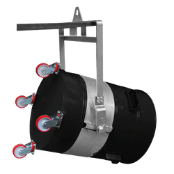 Lifting Bracket & Ring — Vacuum Bin Installation | Depureco Lifting bracket with ring mounted to a cylindrical Depureco vacuum collection bin on red casters; hoist-ready setup.