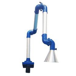 Articulated Extraction Arm with Hood — 3-Joint, D50 | Depureco Blue articulated extraction arm with three joints and a conical hood, 50 mm diameter (D50)