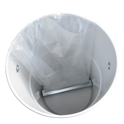 Bag Holder for Disposable Liners — Clean Bin Changeovers | Depureco Inside view of a vacuum bin with a metal bag holder bracket securing a disposable plastic liner.