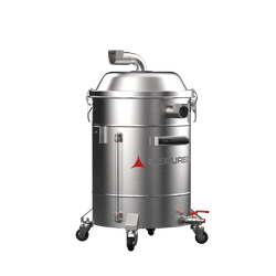 P11827 Stainless Pre-Separator — Filter Protection & Clean Dumps | Depureco Depureco P11827 stainless pre-separator on wheeled drum with elbow inlet on the lid and bottom drain valve.