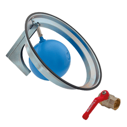 Float Shut-Off with Discharge Valve — Liquid Collection Tanks | Depureco Float shut-off assembly with blue ball, sealing ring, and brass discharge valve with red lever.