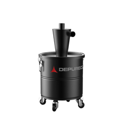 P13821 Cyclonic Pre-Separator — Protect Filters & Speed Dumps | Depureco Depureco P13821 cyclonic pre-separator on wheeled drum; cone top with inlet/outlet for industrial vacuum pre-collection.