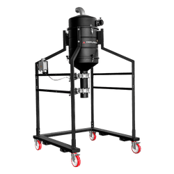 P12388 Cyclonic Pre-Separator — Big-Bag Discharge & Filter Protection | Depureco P12388 cyclonic pre-separator on a tall wheeled frame with cone body, valve, and big-bag (FIBC) discharge clearance.