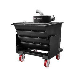 P09319 Tiltable Pre-Separator Hopper — Bulk Dust & Debris | Depureco P09319 tiltable pre-separator hopper on red casters with elbow inlet on the lid.